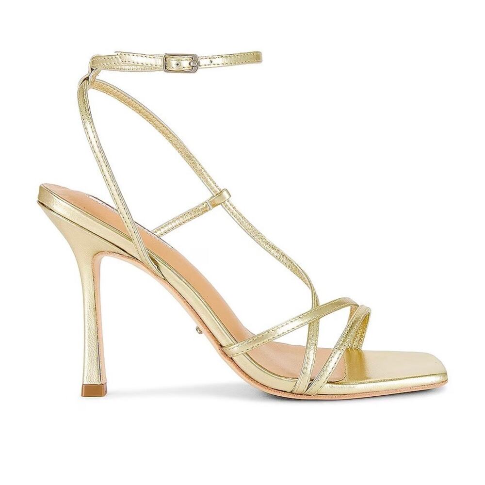 Tony Bianco Franci Sandals 7.5 Gold Nappa Metallic Strappy Square Toe Stiletto